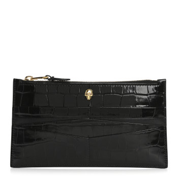 ALEXANDER MCQUEEN Calfskin Crocodile Embossed Skull Zip Wallet Card Holder Black