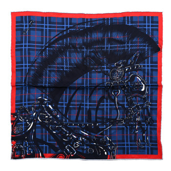 HERMES Silk Cheval Punk Pocket Square Blue Red