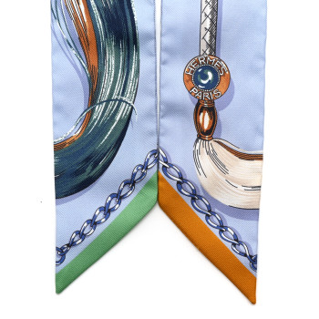 HERMES Silk Cavalcades Twilly Bleu Ciel Creme Vert