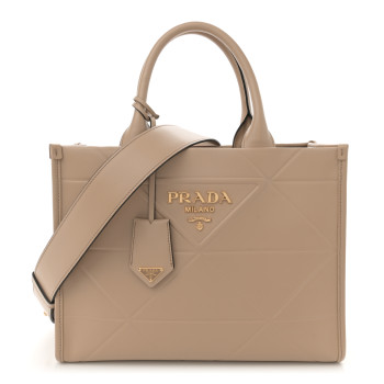 PRADA Soft Calfskin Triangolo Symbole Embossed Small Tote Beige Khaki