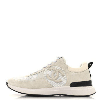 CHANEL Calfskin Mesh Lycra Suede Womens Logo Sneakers 40 White