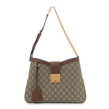 GUCCI GG Supreme Monogram Medium Padlock Shoulder Bag Beige Ebony Brown Sugar