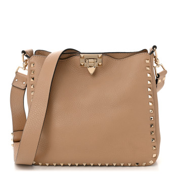 VALENTINO GARAVANI Pebbled Calfskin Small Rockstud Flip-Lock Messenger Bag Beige