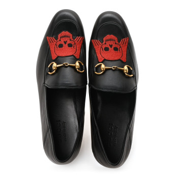 GUCCI Lambskin Skull Embroidered Mens Brixton Horsebit Loafers 8.5 Black