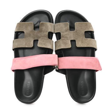 HERMES Suede Goatskin Womens Chypre Sandals 39.5 Toundra Rose Du Desert