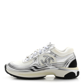 CHANEL Fabric Laminated Calfskin Stretch CC Sneakers 38 White Silver