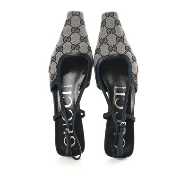 GUCCI GG Monogram Malaga Kid Square G 35mm Slingback Pumps 37 Beige Blue