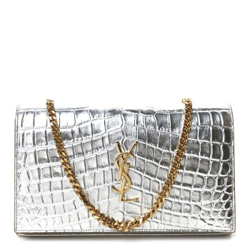 SAINT LAURENT Calfskin Crocodile Embossed Monogram Chain Wallet Argento