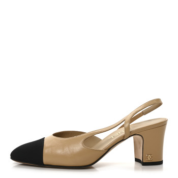 CHANEL Goatskin Grosgrain Cap Toe CC Slingback Pumps 37 Beige Black