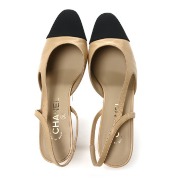 CHANEL Goatskin Grosgrain Cap Toe CC Slingback Pumps 37 Beige Black