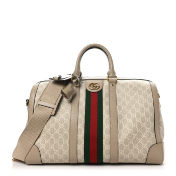 GUCCI GG Supreme Monogram Textured Dollar Calfskin Web Medium Savoy Duffle Bag Beige Mystic White Oatmeal