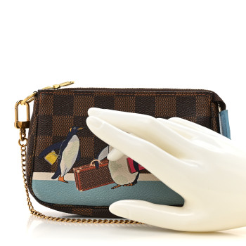 LOUIS VUITTON Damier Ebene 2017 Christmas Animation Penguins Mini Pochette Accessories Blue
