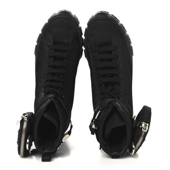 PRADA Re-Nylon Gabardine Metal Triangle Logo Womens Wheel Pouch Pocket High Top Sneakers 40.5 Black