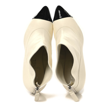 CHANEL Lambskin Patent Calfskin Pearl Cap Toe Short Boots 39 Ivory Black