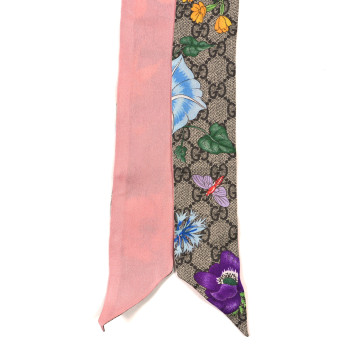 GUCCI Silk Twill GG Monogram Special Flory Neck Bow Scarf Beige Pink