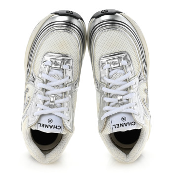 CHANEL Fabric Laminated Calfskin Stretch CC Sneakers 38 White Silver