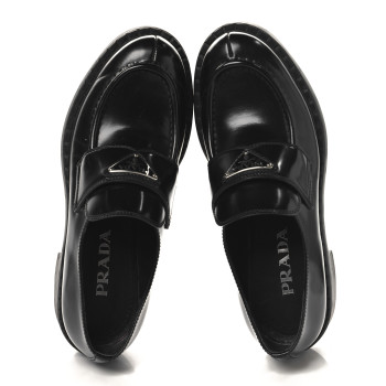 PRADA Spazzolato Metal Triangle Logo Pointy 50mm Loafers 37.5 Black