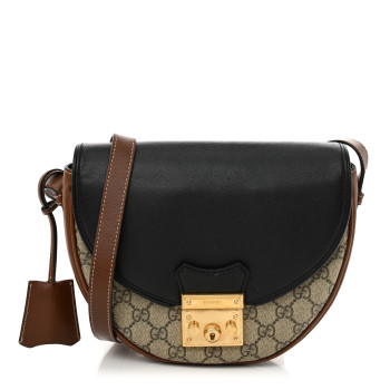 GUCCI GG Supreme Monogram Calfskin Small Padlock Messenger Shoulder Bag Beige Black Cuir