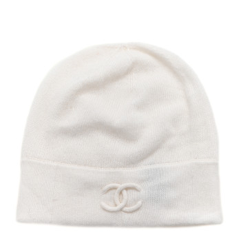 CHANEL Silk Knit CC Beanie Hat White