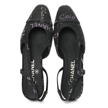 CHANEL Denim Cap Toe Denim Mood Slingback Flats 36 Black Multicolor