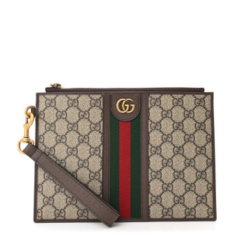 GUCCI GG Supreme Monogram Web Ophidia Wristlet Pouch Brown