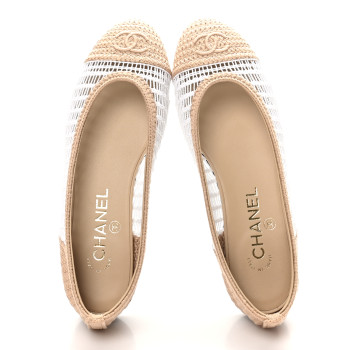 CHANEL Raffia CC Cap Toe Ballerina Flats 36.5 White Beige