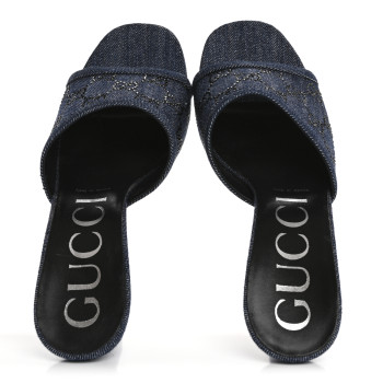 GUCCI Denim Crystal GG Monogram Mules 40 Blue