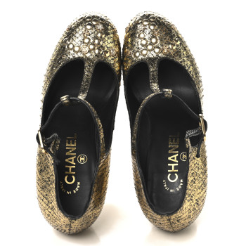 CHANEL Metallic Snakeskin Studded CC T-Strap Wedges 37 Gold Black