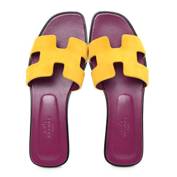 HERMES Suede Goatskin Oran Sandals 36 Jaune Topaze