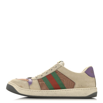 GUCCI Moire Fabric Nubuck Web Womens Screener Sneakers 37 Cinnamon Dusty Milk New Lavender