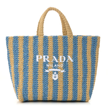 PRADA Yarn Raffia Effect Crochet Striped Large Logo Tote Naturale Celeste