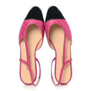 CHANEL Lambskin Patent Cap Toe CC Slingback Flats 37.5 Pink Black