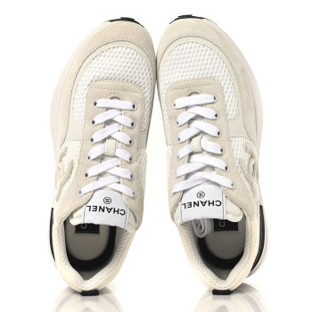 CHANEL Calfskin Mesh Lycra Suede Womens Logo Sneakers 40 White