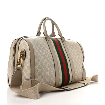 GUCCI GG Supreme Monogram Textured Dollar Calfskin Web Medium Savoy Duffle Bag Beige Mystic White Oatmeal