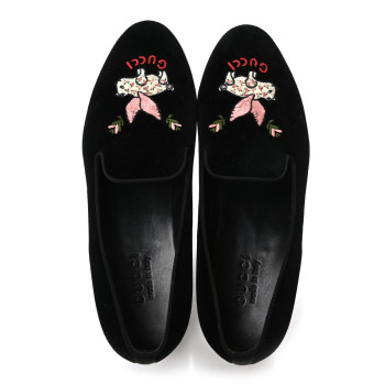 GUCCI Velvet Embroidered Mens Loafers 8 Black