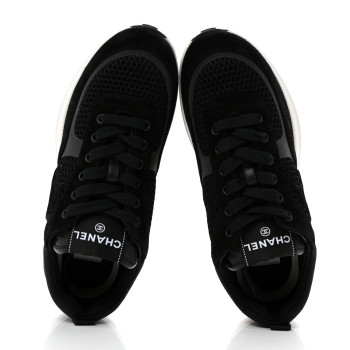 CHANEL Mesh Suede Calfskin Fabric CC Womens Sneakers 37.5 Black