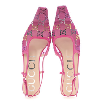 GUCCI Tela Retino Nappa Charlotte Crystal GG Monogram Square G 35mm Slingback Pumps 39.5 Bright Bouganville Fairy Fucsia