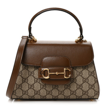 GUCCI GG Supreme Monogram Azalea Calfskin Mini Horsebit 1955 Top Handle Flap Bag Beige Ebony Brown Sugar