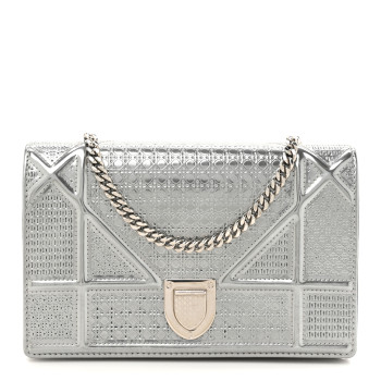 CHRISTIAN DIOR Metallic Patent Micro-Cannage Diorama Wallet on Chain Pouch Silver