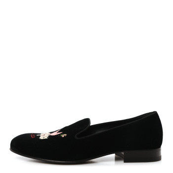 GUCCI Velvet Embroidered Mens Loafers 8 Black