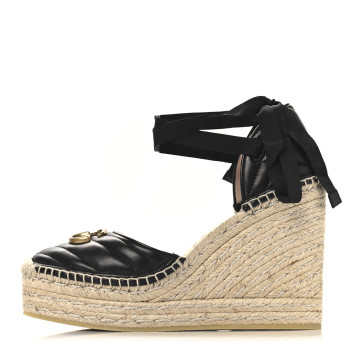 GUCCI Nappa Matelasse GG Marmont Ankle Wrap Platform 35/120mm Espadrille Wedges 40.5 Black