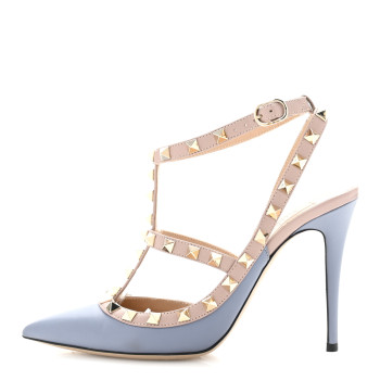 VALENTINO GARAVANI Calfskin Nappa Rockstud Ankle Strap 100mm Pumps 37 Grey Blue Poudre