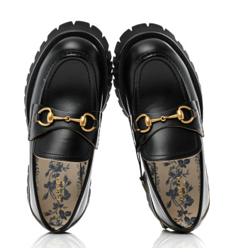 GUCCI Cordovan Lux Womens Harald Horsebit 25mm Platform Loafers 38.5 Black