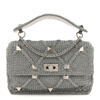 VALENTINO GARAVANI Metallic Lurex Knit Large Roman Stud Shoulder Bag Silver