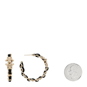CHANEL Metal Lambskin Quilted CC Turnlock Chain Hoop Earrings Gold Black