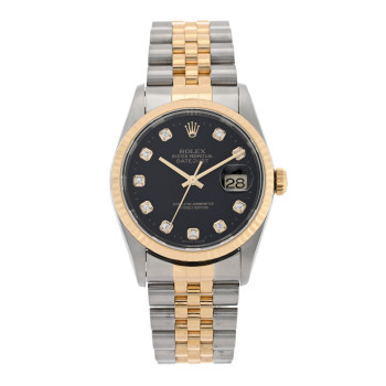 ROLEX Stainless Steel 18K Yellow Gold Diamond 36mm Oyster Perpetual Datejust Watch Black 16233