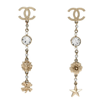 CHANEL Crystal Pearl CC Charms Drop Earrings Gold