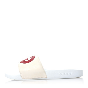 GUCCI Nappa Miro Soft Calfskin Interlocking G Mens Slide Sandals 11 White Hibiscus Red