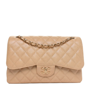 CHANEL Iridescent Caviar Quilted Jumbo Double Flap Beige