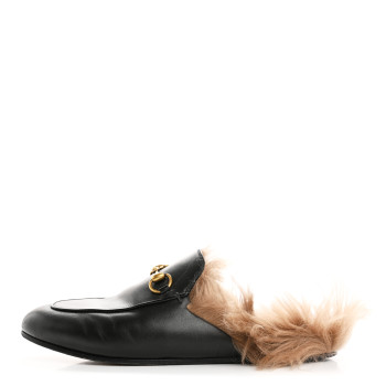 GUCCI Calfskin Fur Womens Princetown Slippers 37.5 Black